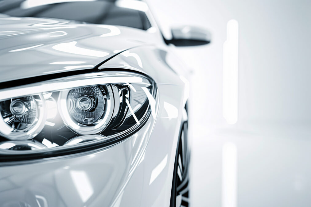 The elegance of modern automotive design of a glossy white sports car. The vehicle's headlight shines against a bright background, offering a perfect copy space on the right. Ideal for showcasing luxury, speed, and innovative car concepts.